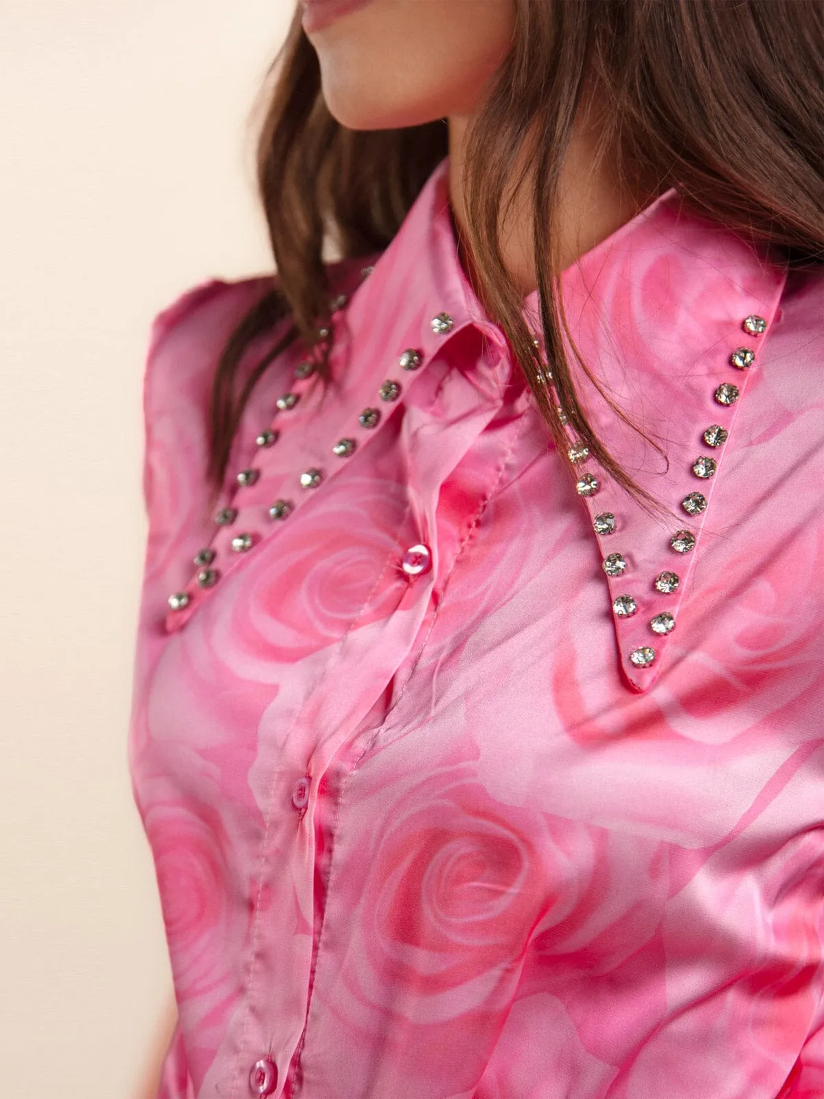 WOMEN'S SHORT SLEEVE BUTTON UP STUDS COLLAR PRINTED BLOUSE TOP