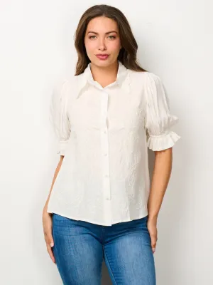 WOMEN'S SHORT SLEEVE EMBROIDERY DETAILED BLOUSE TOP