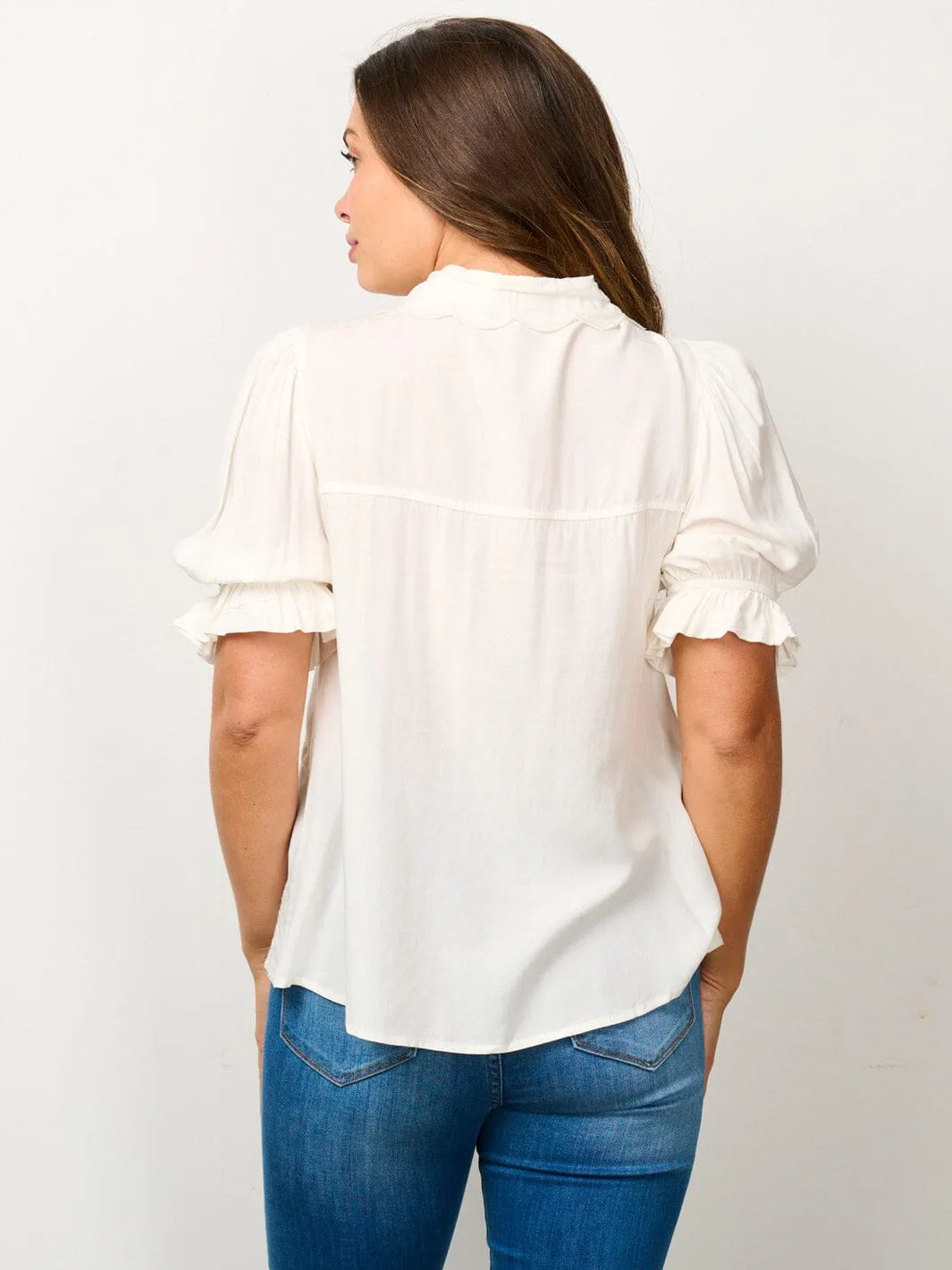 WOMEN'S SHORT SLEEVE EMBROIDERY DETAILED BLOUSE TOP