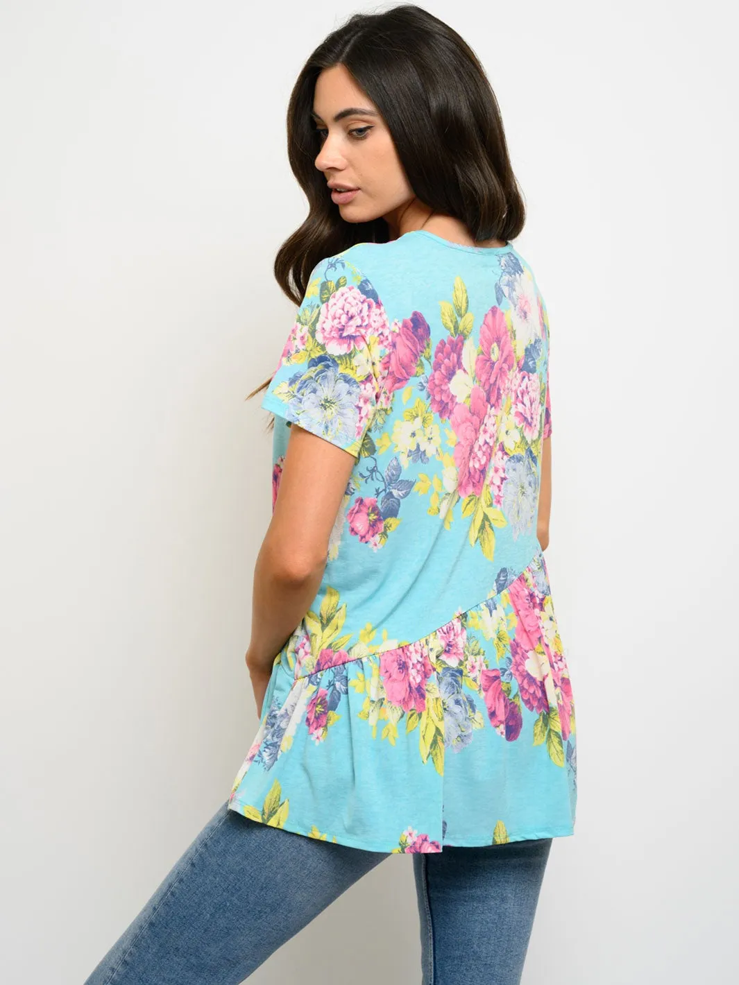 WOMEN'S SHORT SLEEVE FLORAL PRINT TUNIC TOP