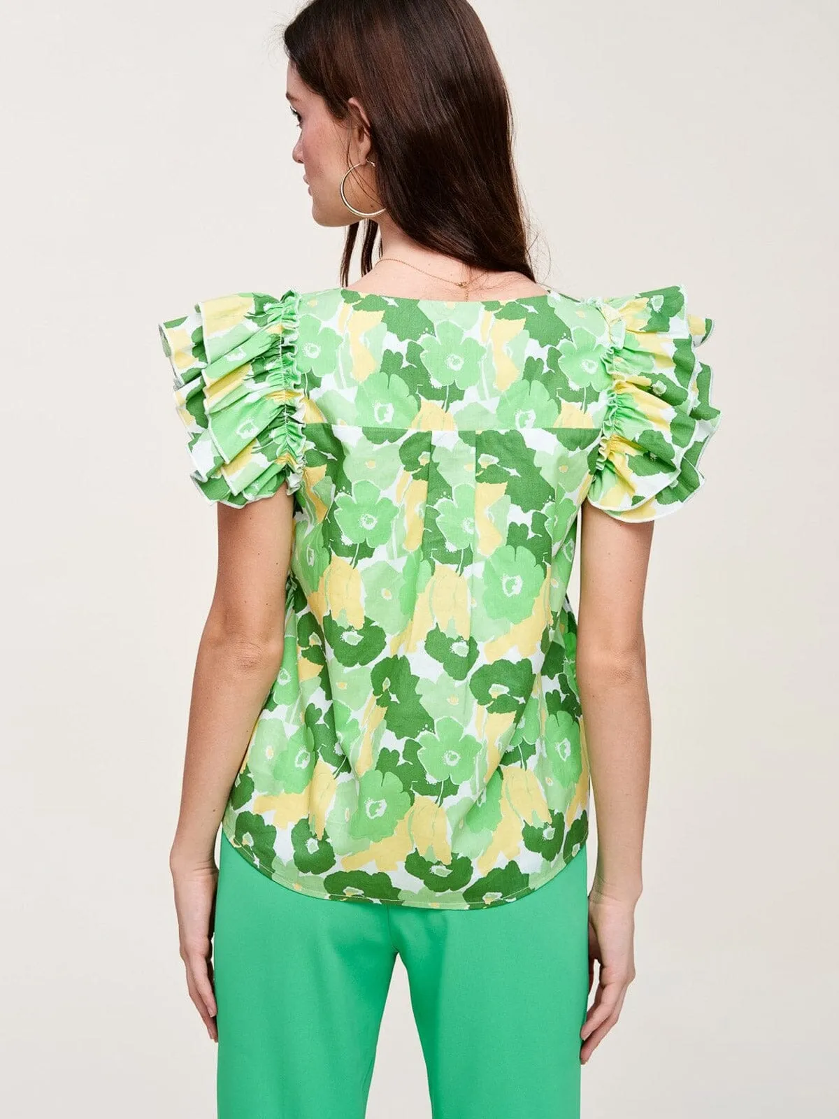 WOMENS SHORT SLEEVE V-NECK FLORAL RUFFLE BLOUSE TOP