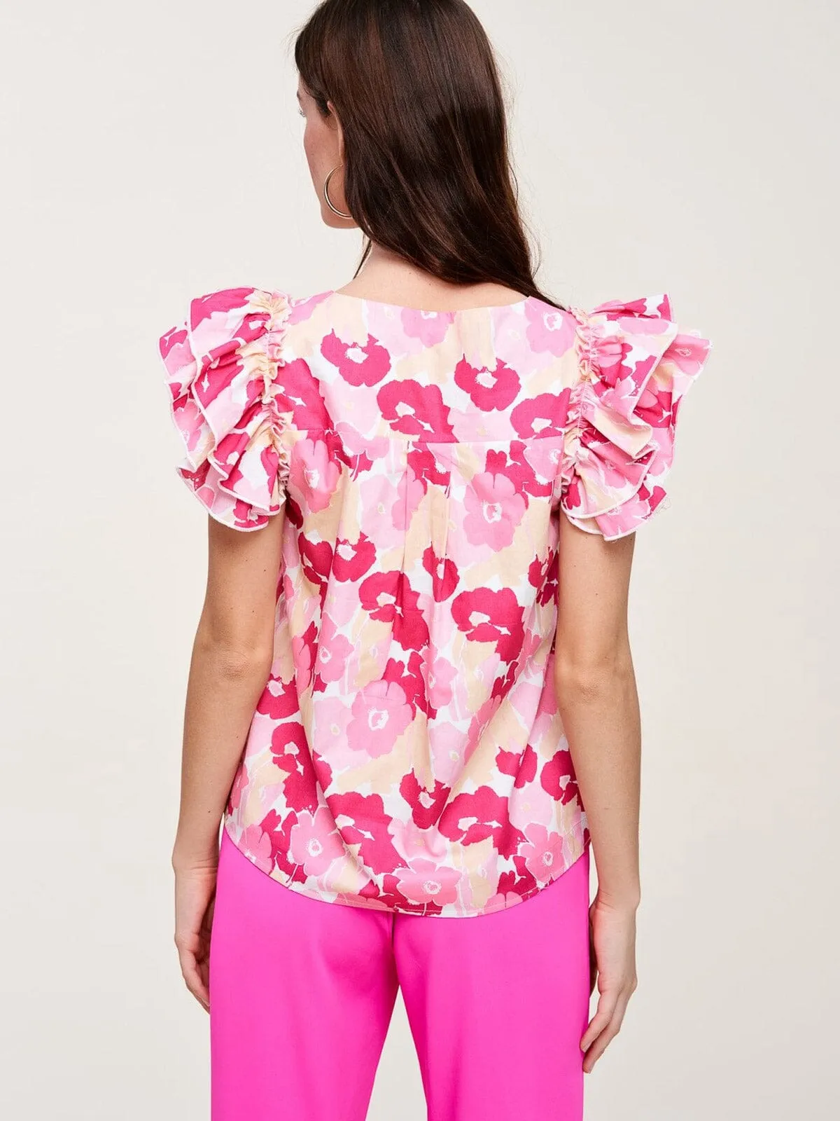 WOMENS SHORT SLEEVE V-NECK FLORAL RUFFLE BLOUSE TOP