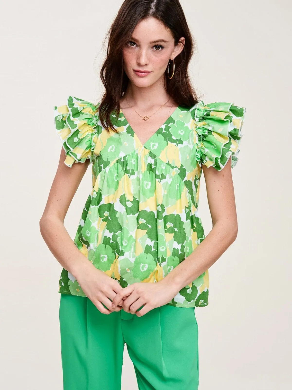 WOMENS SHORT SLEEVE V-NECK FLORAL RUFFLE BLOUSE TOP