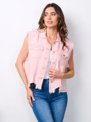 WOMEN'S SLEEVELESS BUTTON CLOSURE POCKETS DENIM VEST