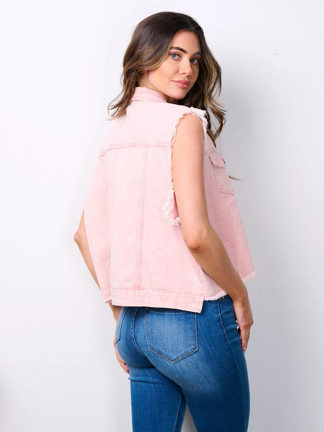 WOMEN'S SLEEVELESS BUTTON CLOSURE POCKETS DENIM VEST