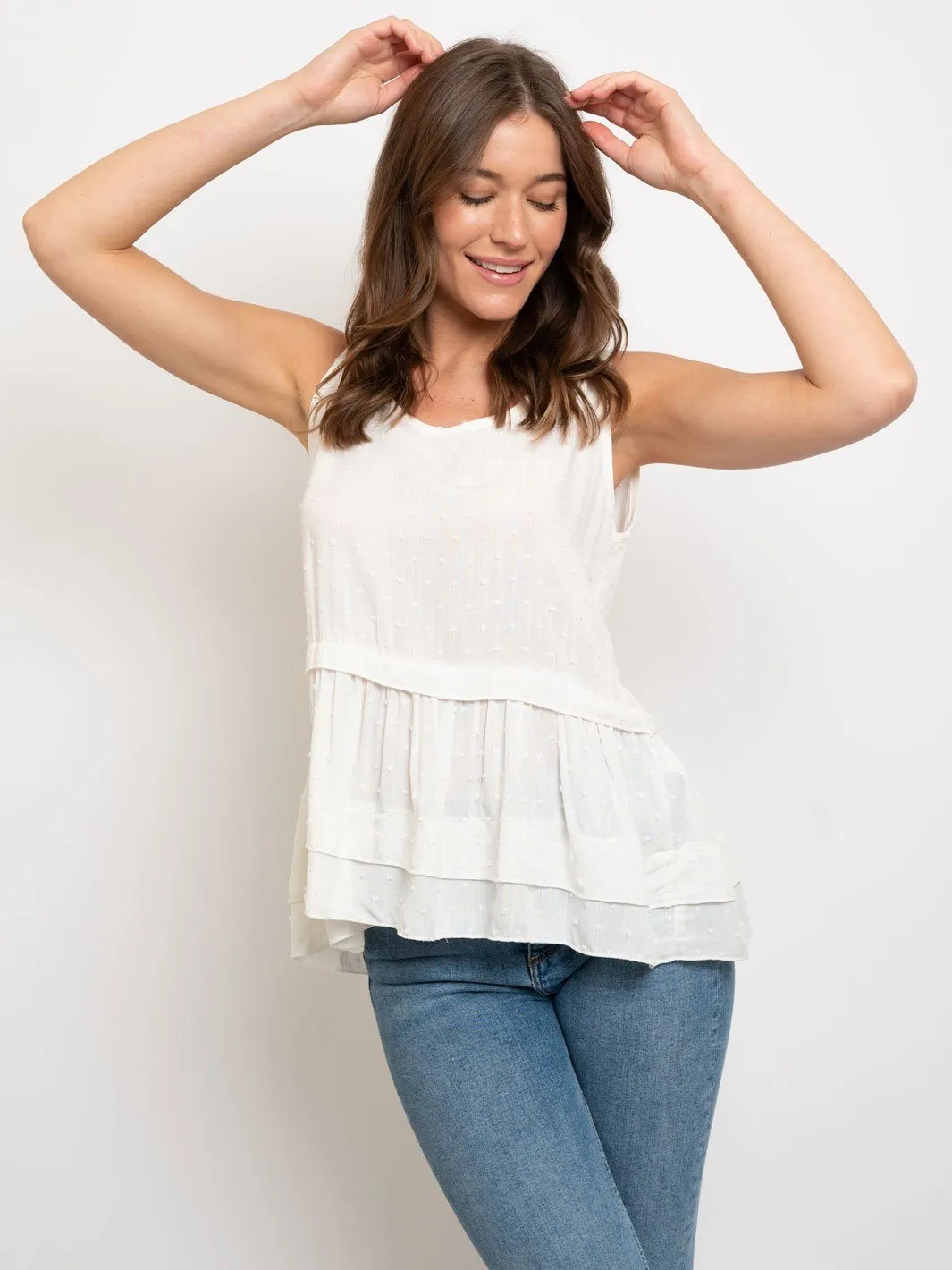 WOMEN'S SWISS DOTS RUFFLE TANK TOP