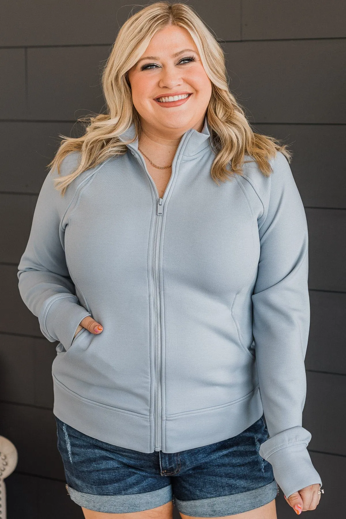 Work In Progress Zip Up Athleisure Jacket- Powder Blue