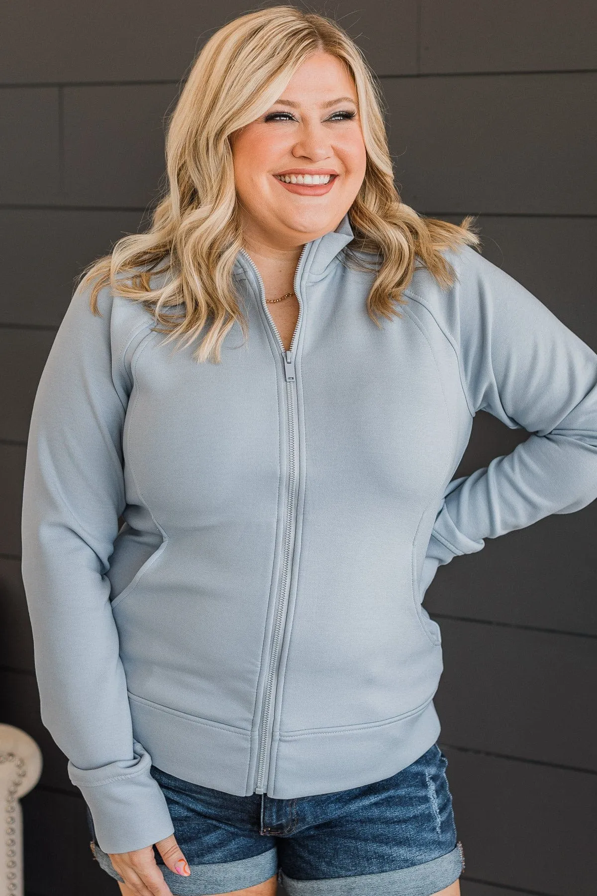 Work In Progress Zip Up Athleisure Jacket- Powder Blue