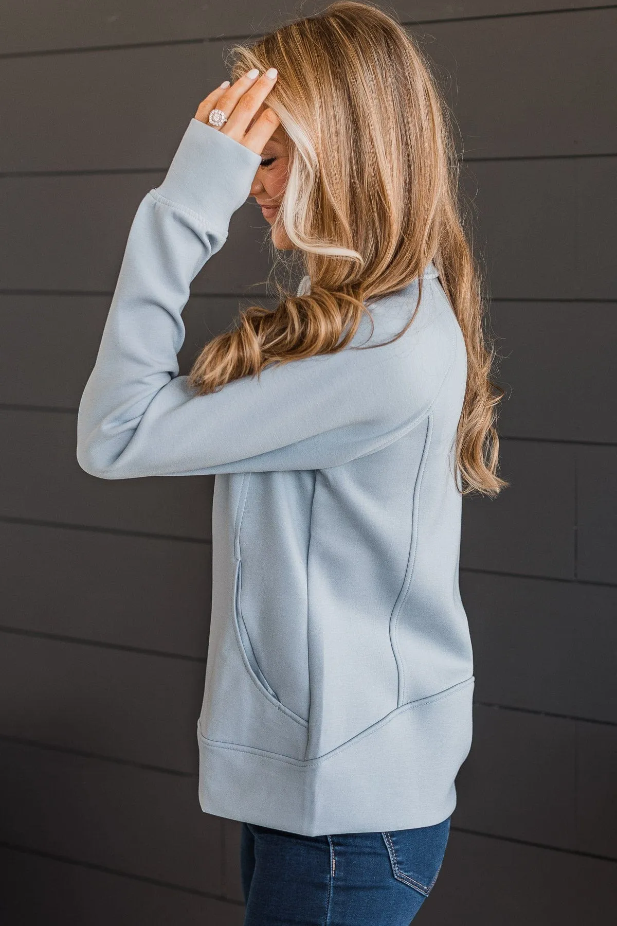 Work In Progress Zip Up Athleisure Jacket- Powder Blue